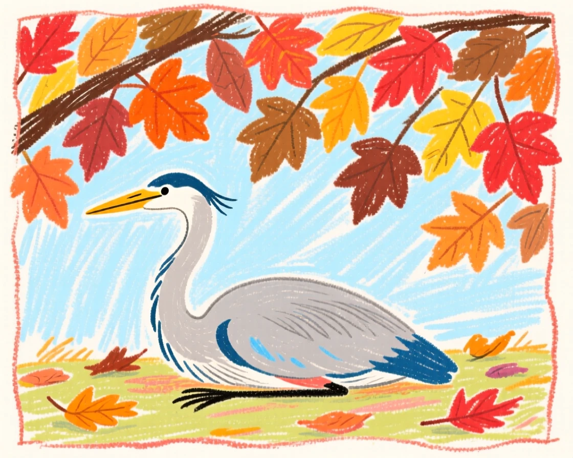 A heron resting quietly beneath a canopy of autumn leaves.