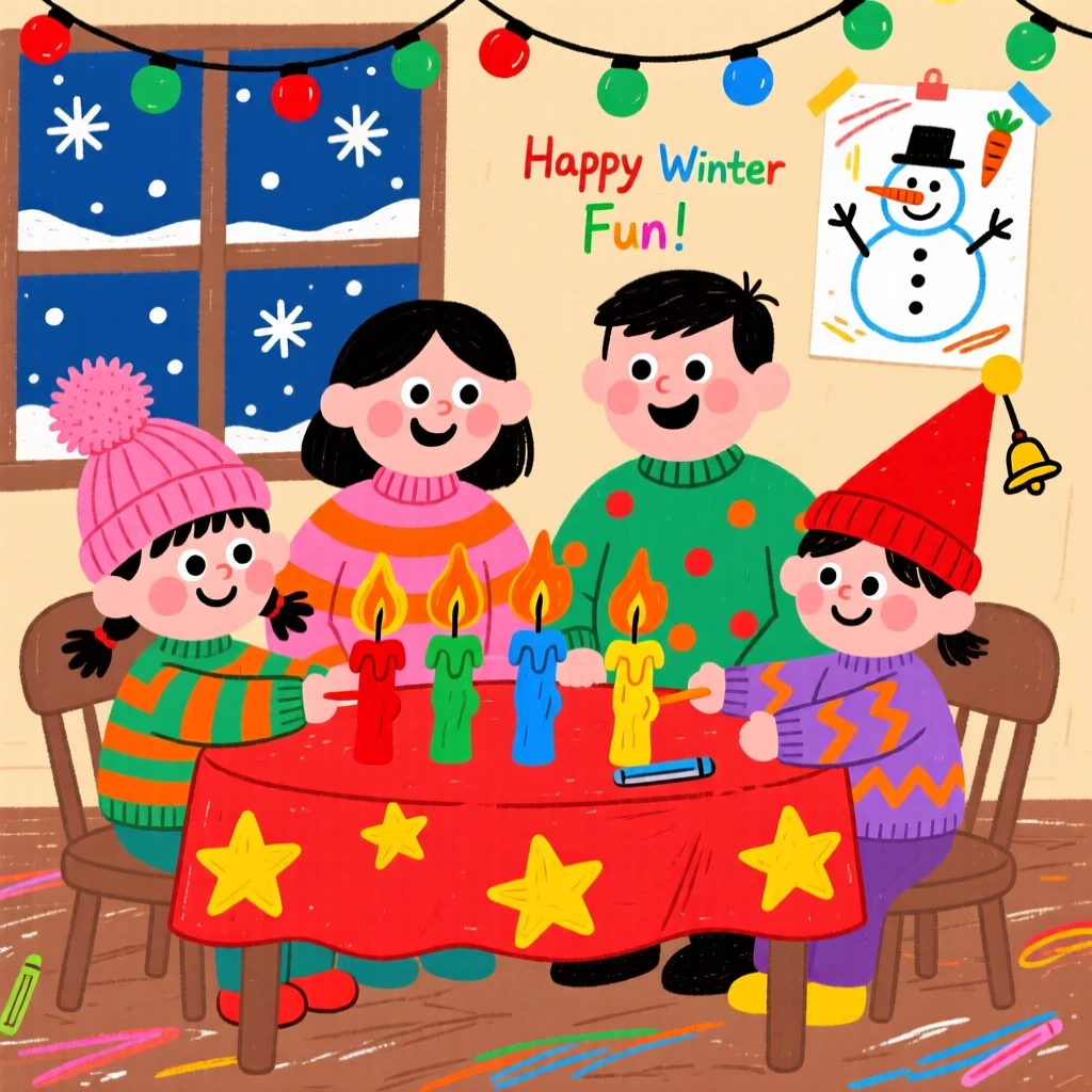 A family lighting candles together during a winter holiday celebration.