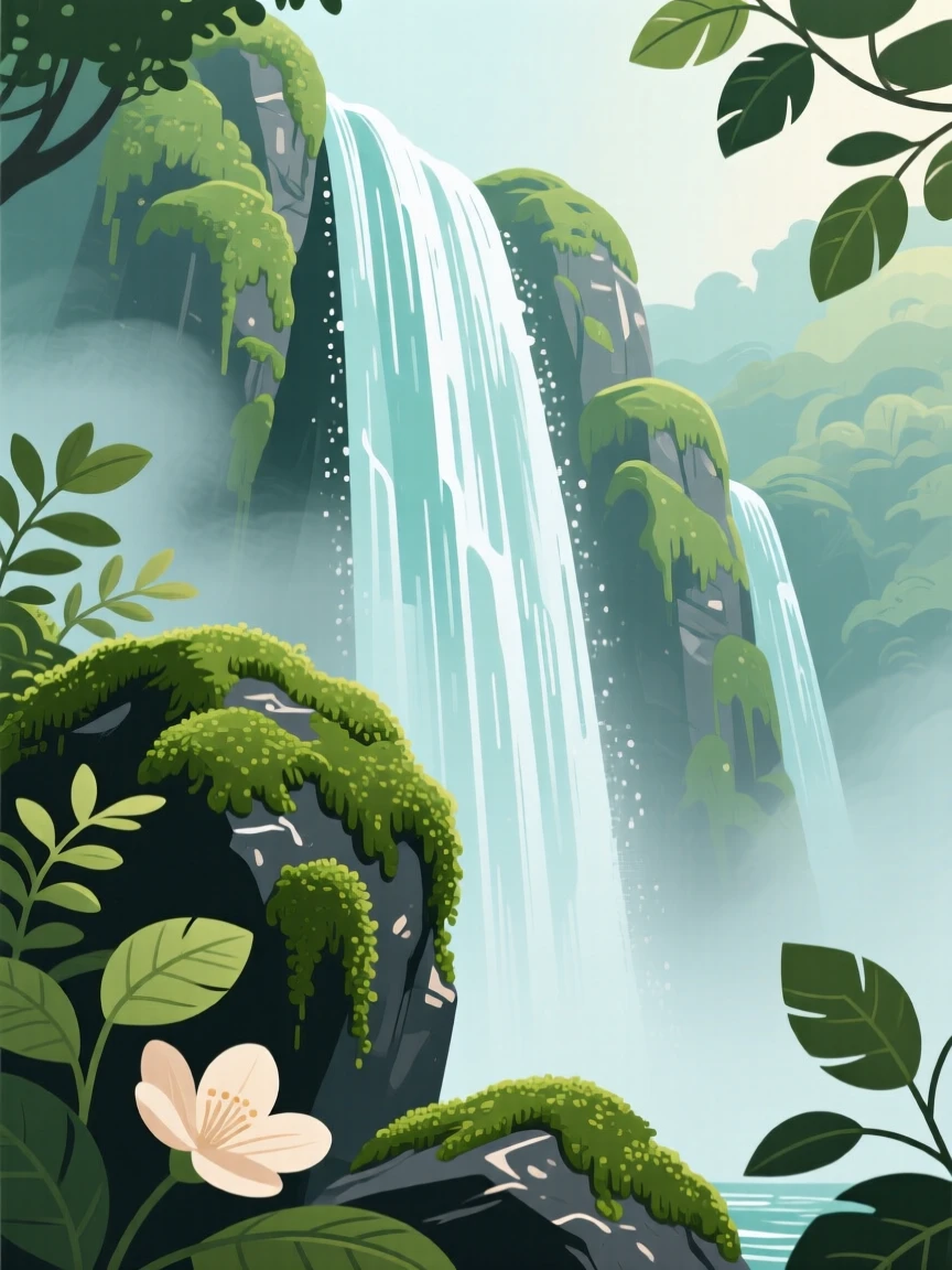A towering waterfall cascading over moss-covered rocks, surrounded by a gentle layer of morning mist, captured from a low vantage point to emphasize scale, with delicate textures visible in every leaf and petal.