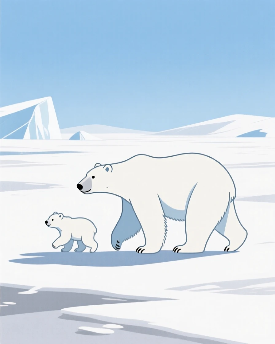 A polar bear and her cub walking across a snowy arctic landscape.