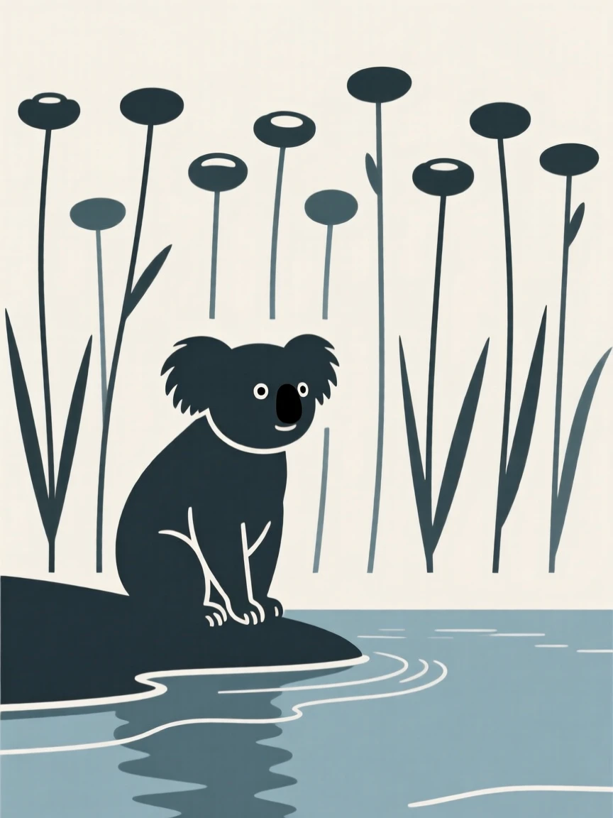 A curious koala pausing in a lakeside shore, with tall wildflowers in the background, radiating calm contentment.