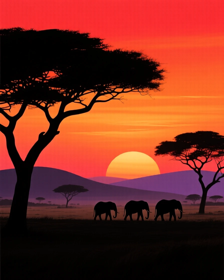 An African savanna glowing orange as the sun sinks below the horizon.