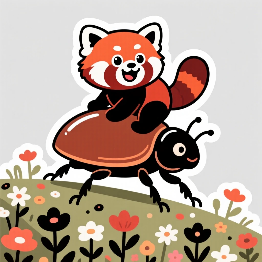 A bright-eyed red panda riding on the back of a friendly beetle, atop a hill covered in wildflowers.
