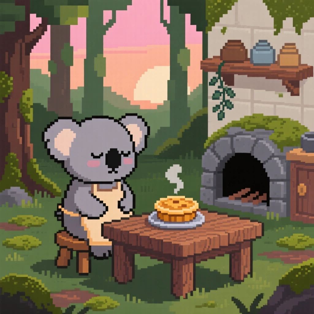 A sleepy koala baking a miniature pie in a woodland kitchen, in a mossy forest clearing at dawn.