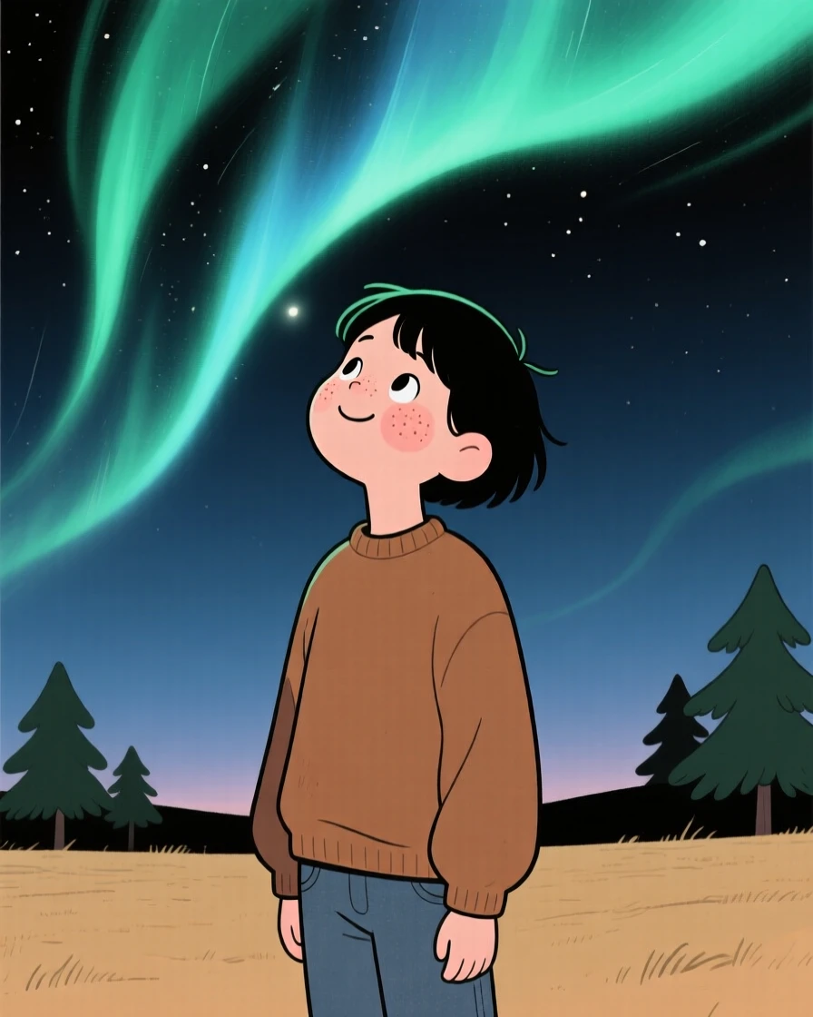 A curious teenager looks up in quiet wonder at the northern lights overhead, standing perfectly still as a feeling of gratitude settles over the scene.