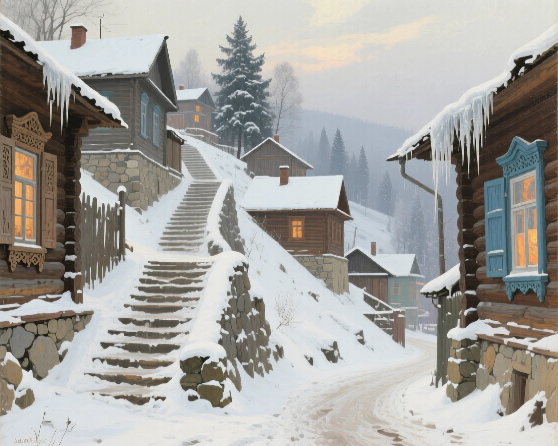 A balanced composition of a winding staircase street climbing a hillside town, in the Russian countryside, in deep winter.