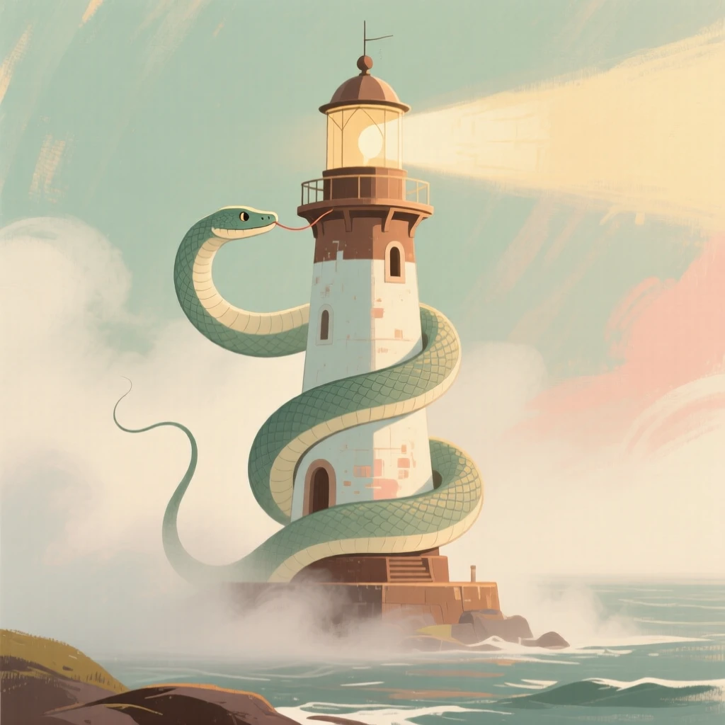 A sea serpent curling gracefully around a lighthouse in the mist