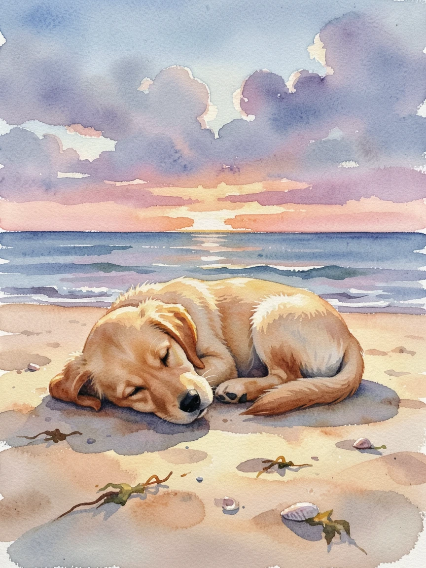 A golden retriever puppy on a quiet beach at sunset napping in a patch of sunlight.