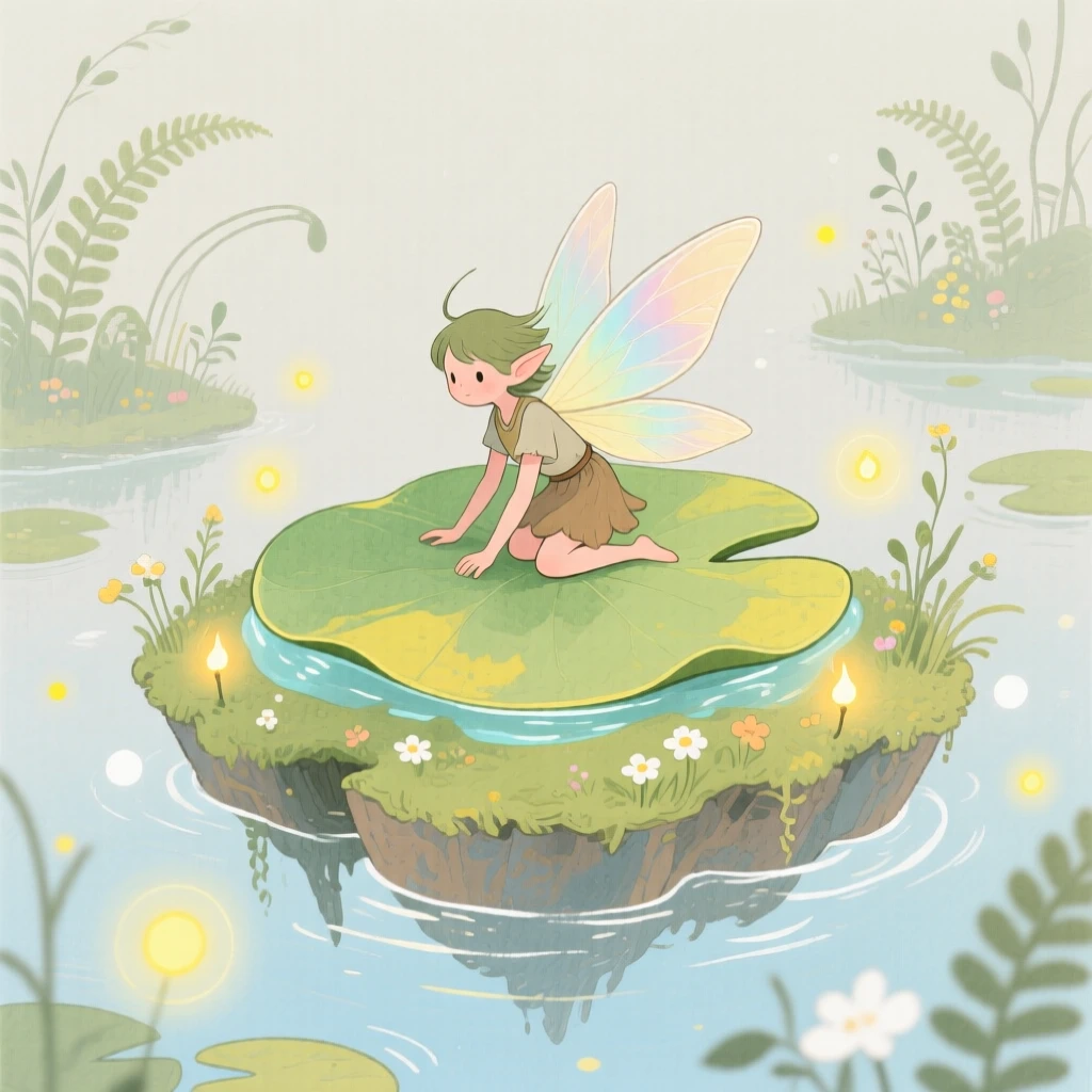 A tiny woodland sprite rides atop a drifting lily pad in a floating garden island, as tiny lights twinkle all around