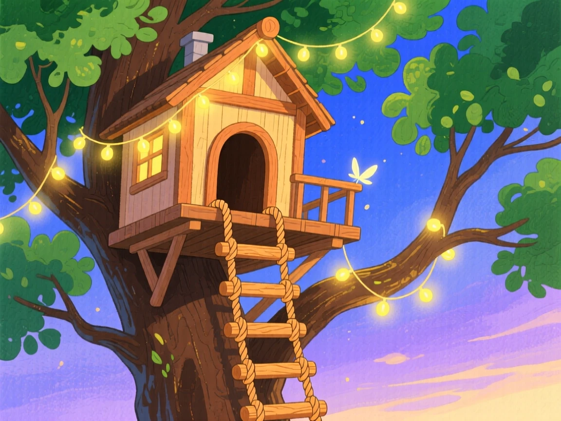 A treehouse with a rope ladder and fairy lights, glowing softly as evening falls.