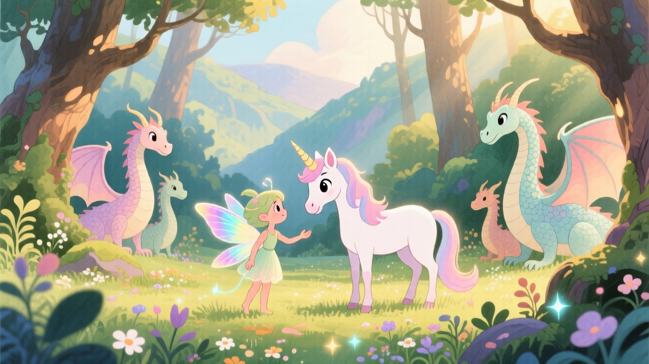 A curious fairy befriending a shy unicorn in an enchanted glade, in a hidden valley guarded by gentle dragons, evoking a sense of epic adventure and courage.