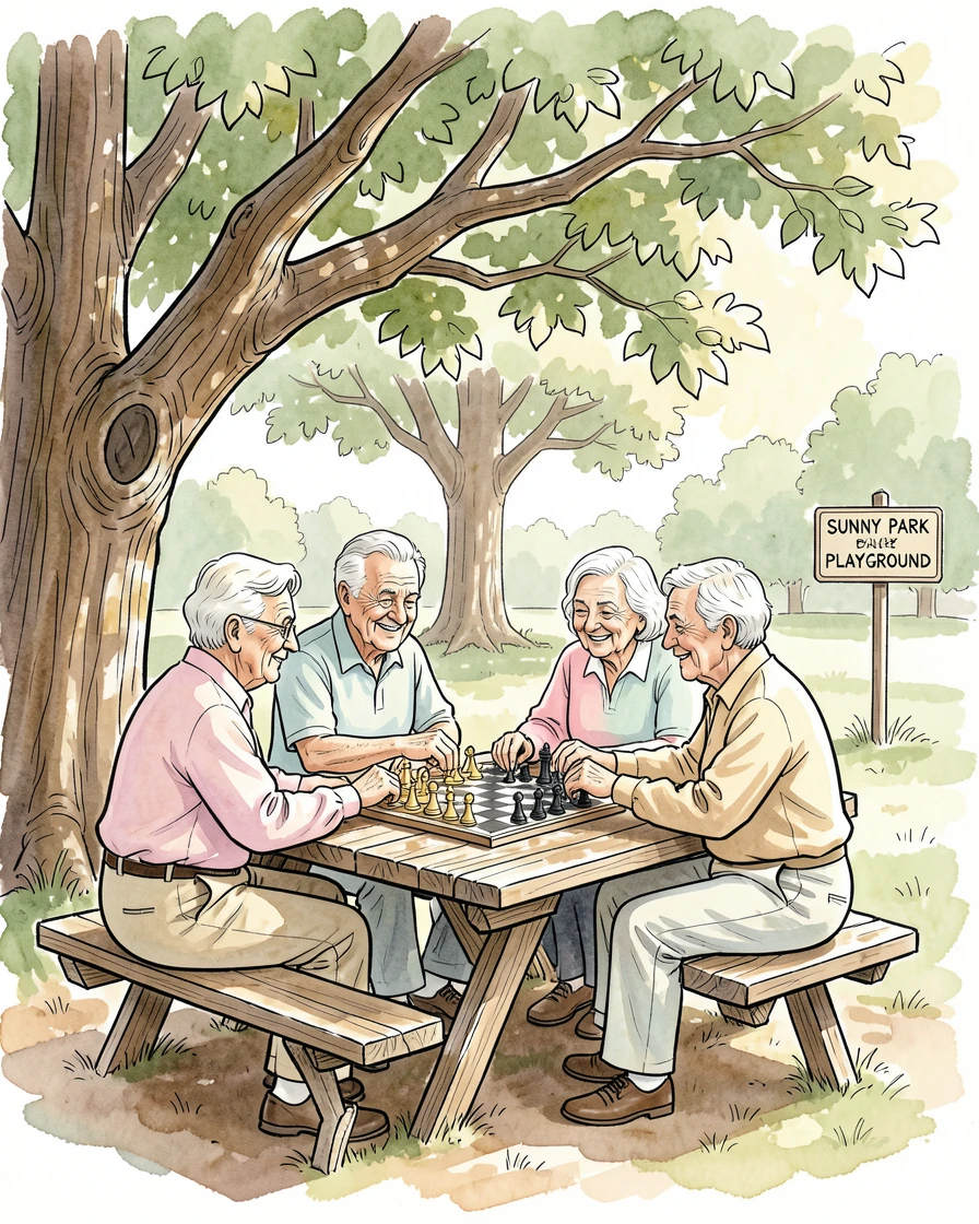 A group of elderly friends playing chess in a sunny park under the shade of large trees