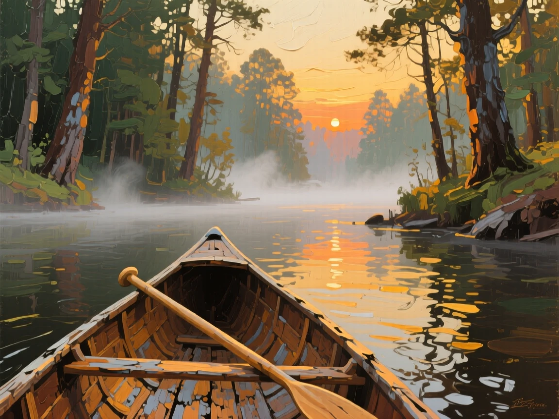 a canoe drifting through a misty forest river, at the end of a warm day, with a clear foreground, subject, and distant setting.