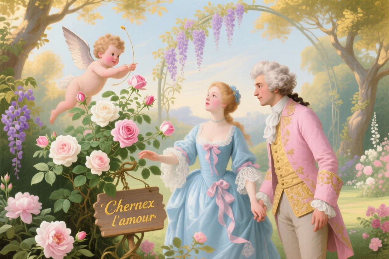 Cupid hiding behind a rosebush while two lovers search for one another  
