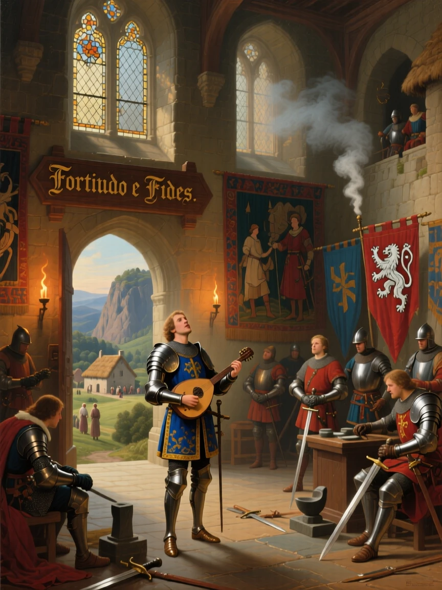 A knight sings within the halls of a castle overlooking a quiet village as knights prepare for battle.