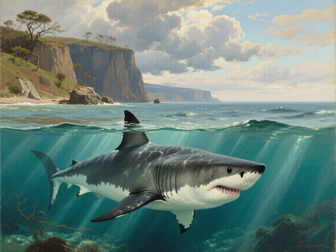 A great white shark gliding silently beneath the ocean's surface, framed against a vast and dramatic natural backdrop, designed to feel both intimate and awe-inspiring