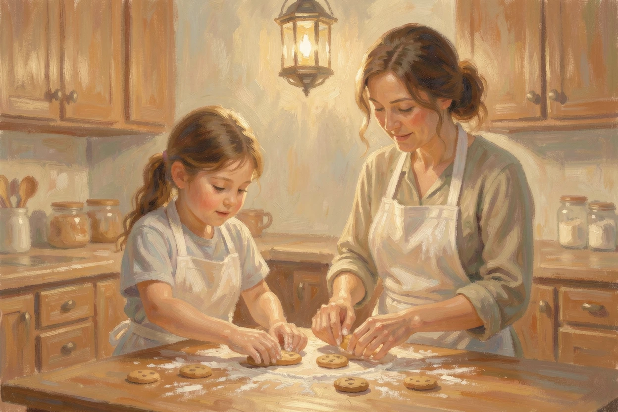 A quiet evening of a mother and daughter baking cookies together, flour dusting the counter and their aprons.