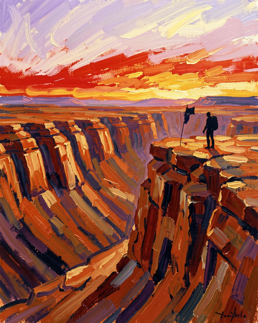 A wide desert canyon glowing orange at sunset, a lone hiker's silhouette on the rim.