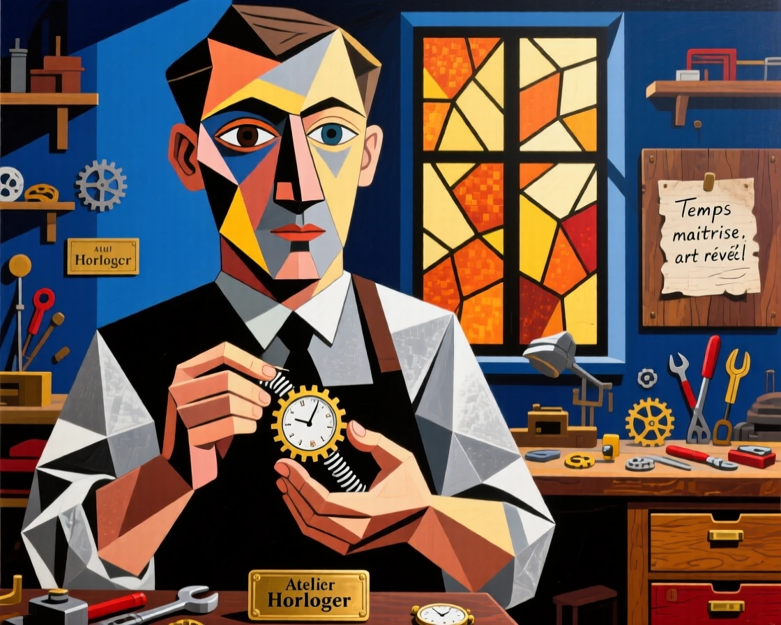 A medium shot portrait of a watchmaker in a bustling studio filled with warm afternoon light, focused and content in the craft.