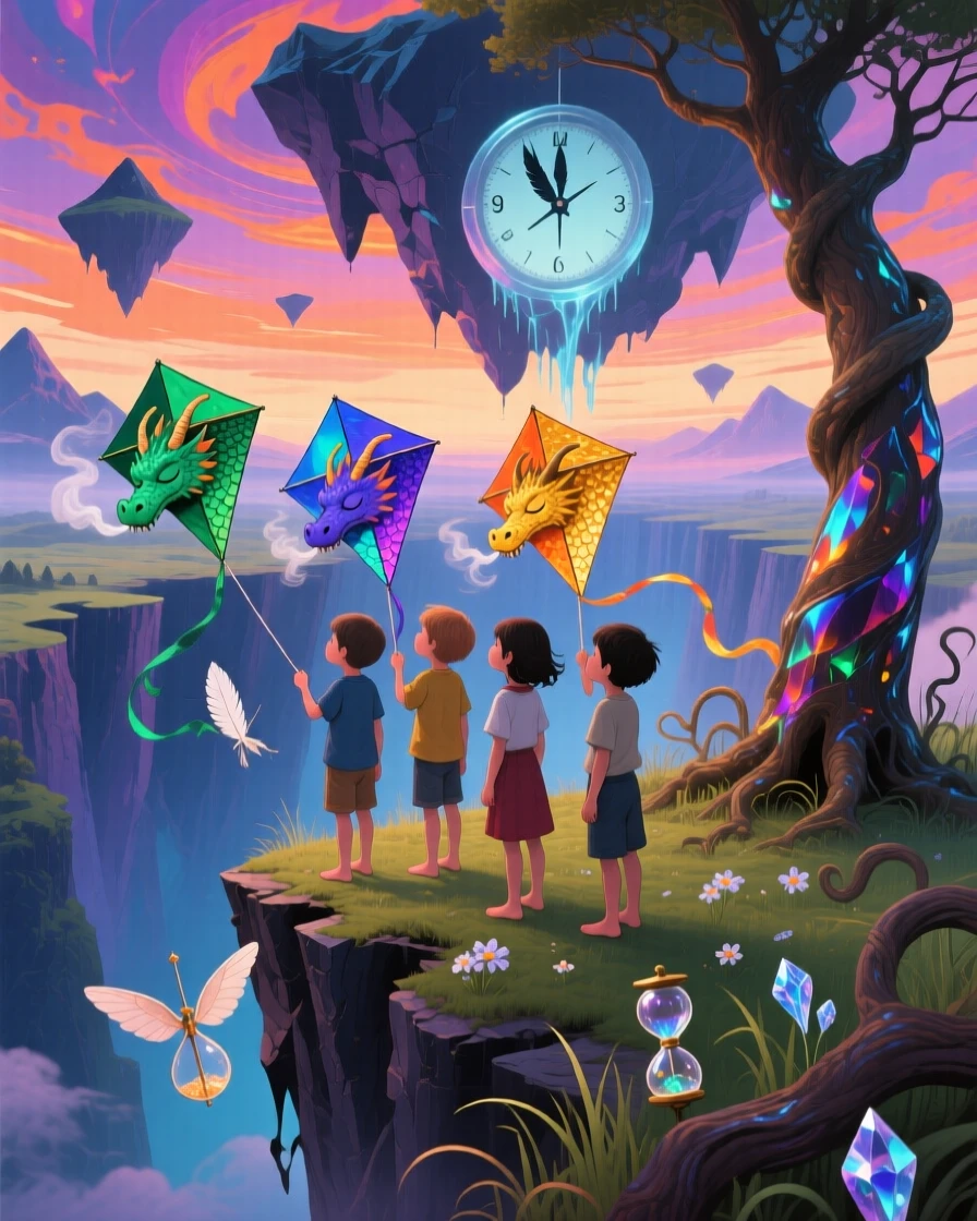 A group of children flying kites shaped like sleeping dragons pauses thoughtfully at the edge of an unfamiliar world, as small details of the world quietly bend and shift nearby.