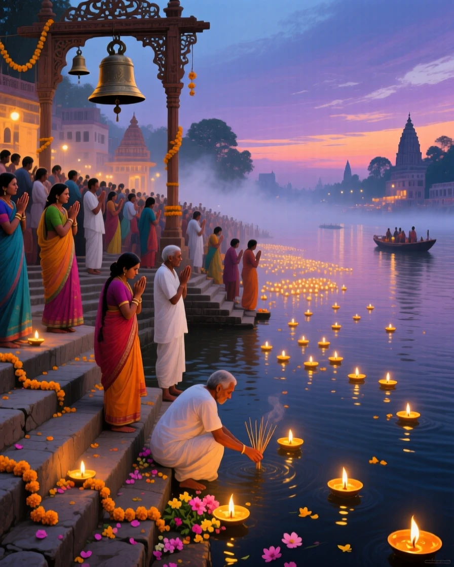The Ganges River glows with hundreds of floating oil lamps at dusk during a festival, pilgrims gathered on the stone ghats, temple bells echoing across the water, the air carrying a faint mist that softens distant shapes without obscuring the overall view.