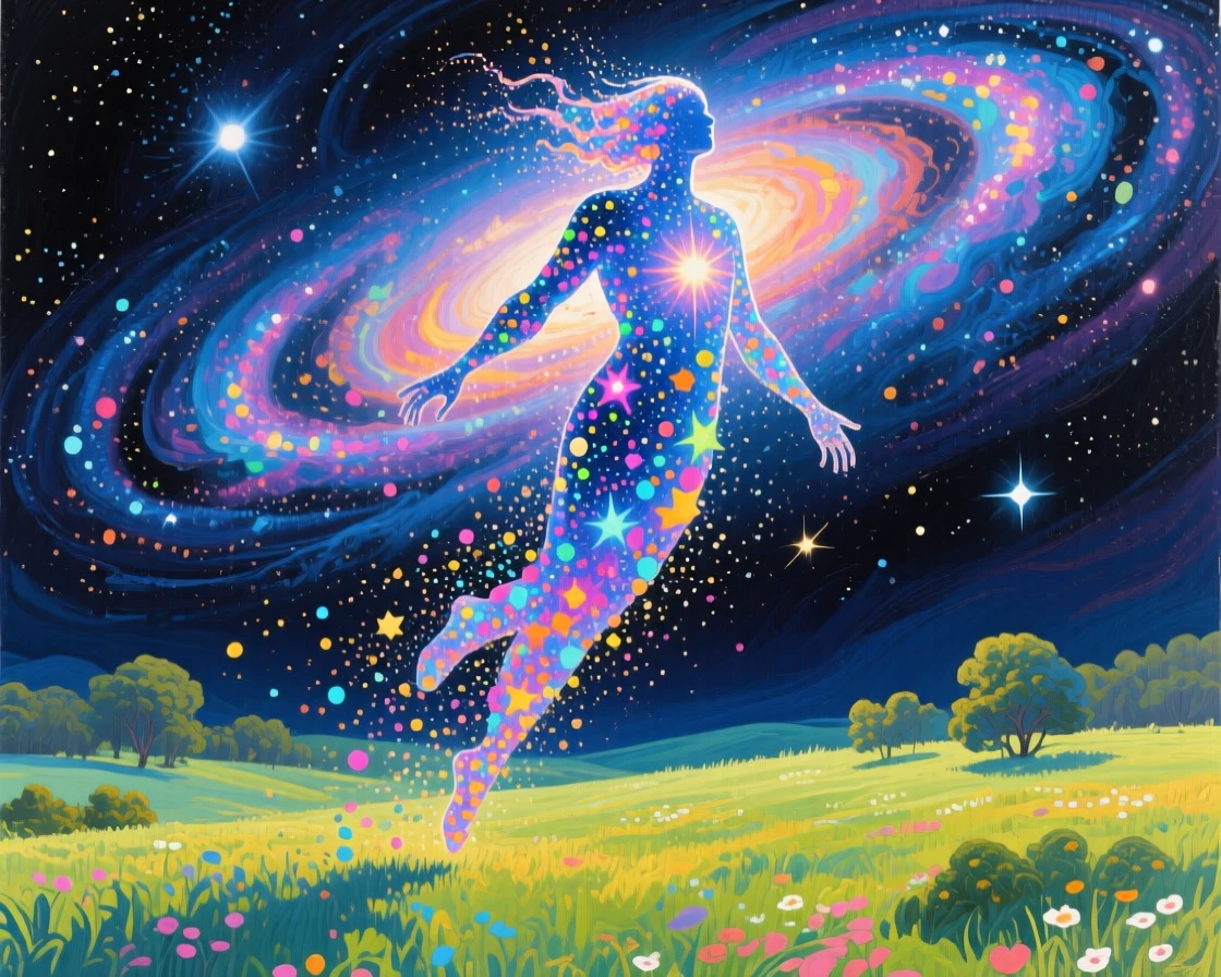 A celestial being made of stardust descending from a swirling galaxy toward a quiet earthly meadow