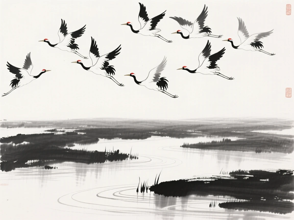 A flock of cranes circles above a quiet wetland, as ripples spread slowly across the water.