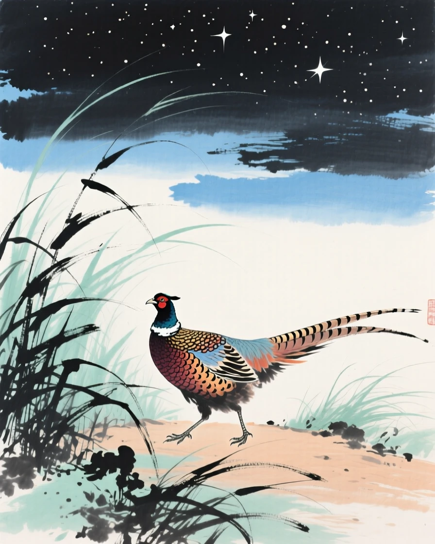 A pheasant with brilliant plumage stepping through tall grass, under a sky full of stars, evoking a sense of quiet solitude.