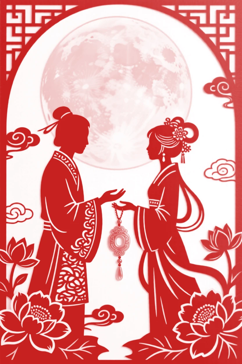 Two lovers exchanging jade tokens as a promise of devotion, the full moon rising softly behind them.