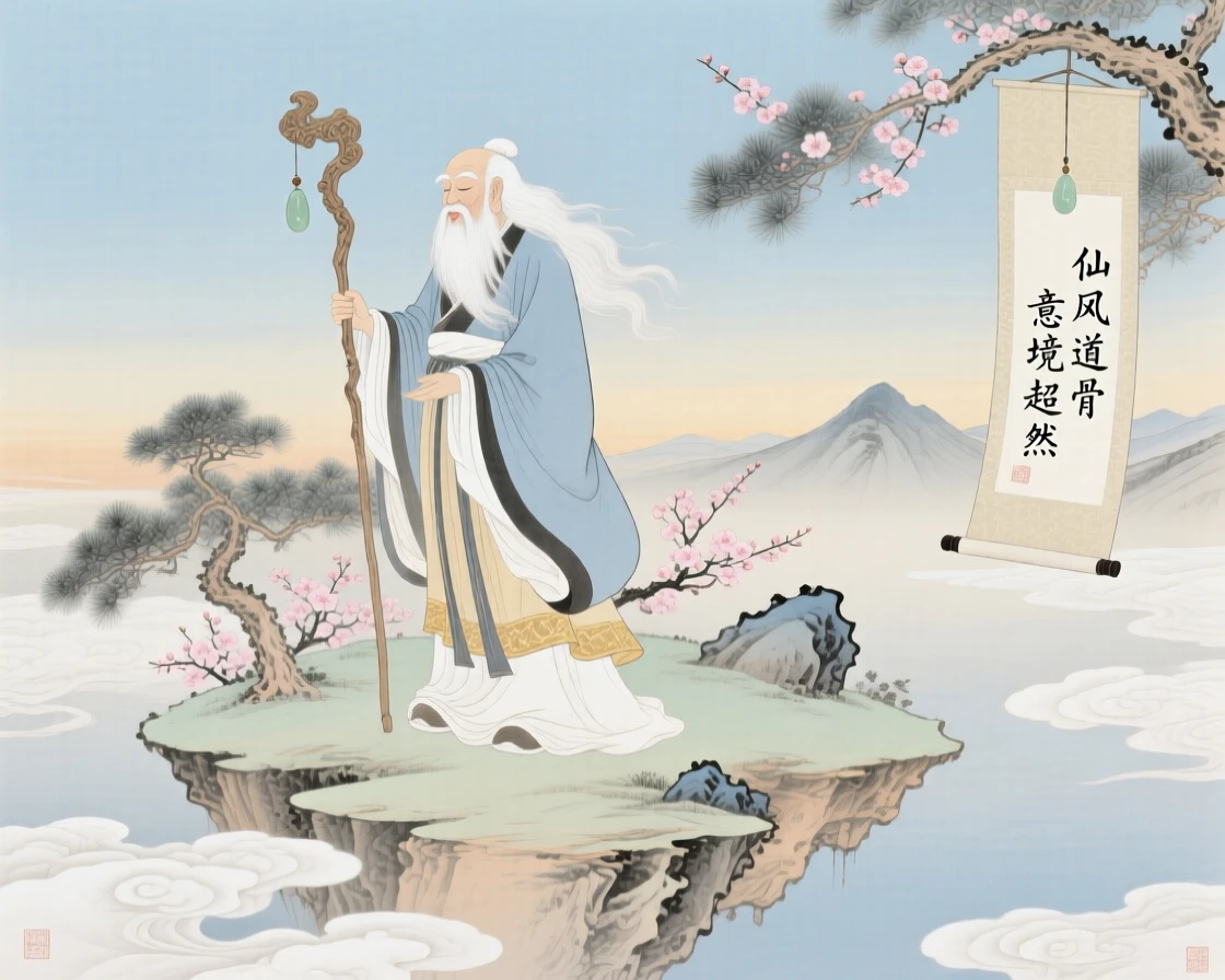 An immortal sage with a long white beard and flowing robes around a floating island in the sky