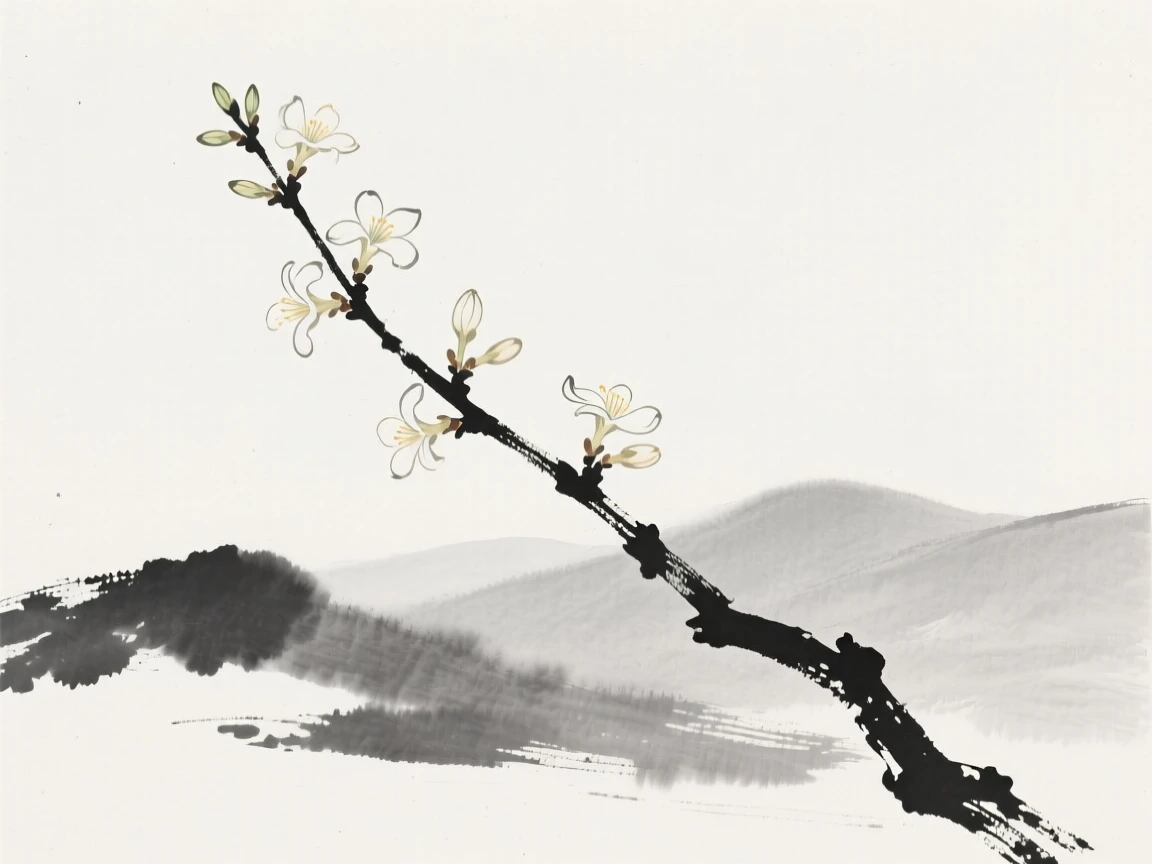 A branch of winter jasmine framed by distant, hazy mountains, seen from a low angle looking upward, capturing a delicate, transient moment in bloom.