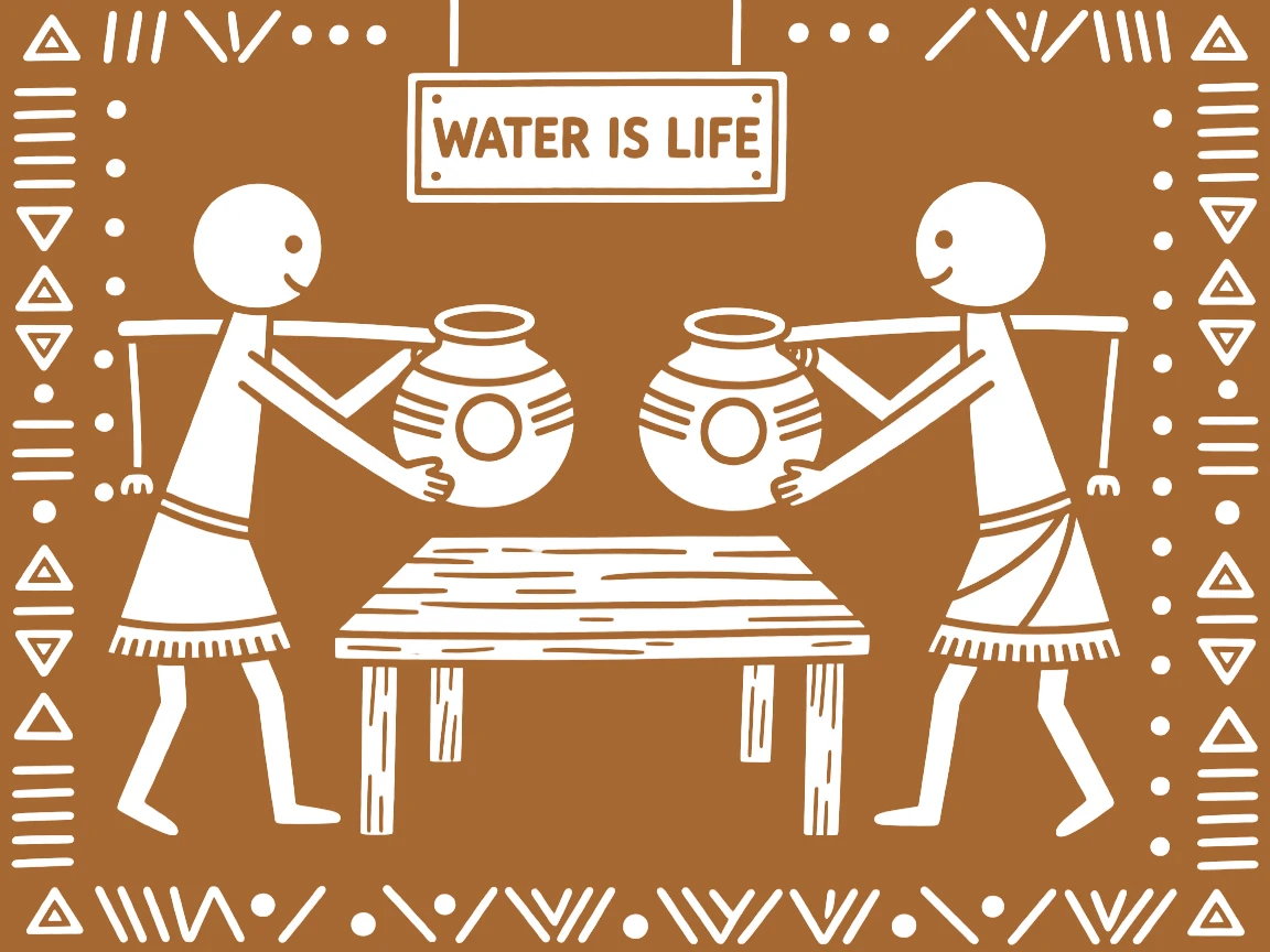 Twin brothers helping each other carry water home at a simple wooden dining table.