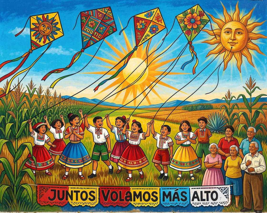 A group of children flying colorful kites in an open field