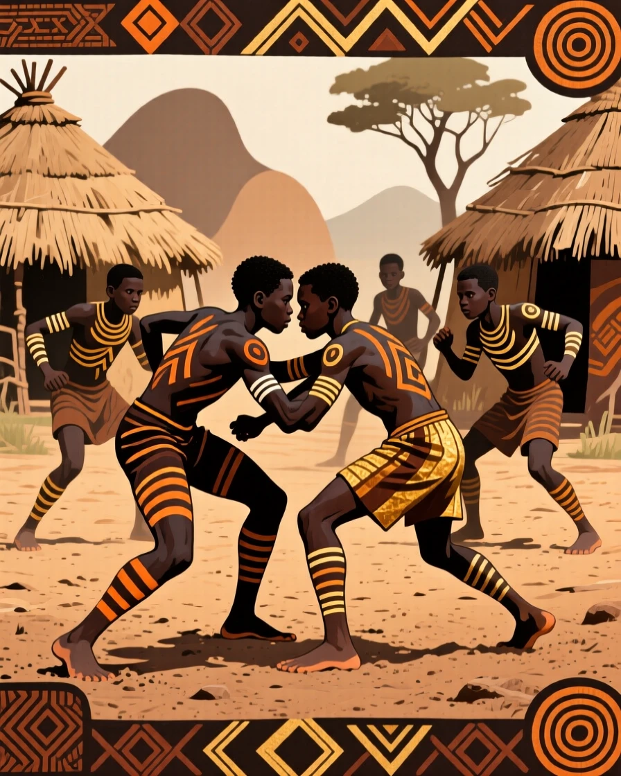 A group of boys practicing wrestling in the dirt near a cluster of thatched huts.