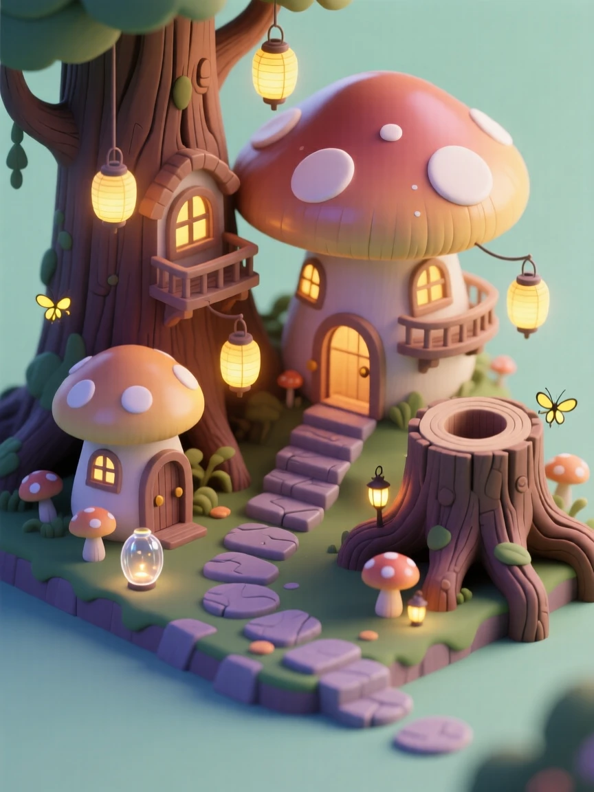 A magical forest village built inside giant hollow mushrooms and tree stumps, connected by glowing toadstool paths and firefly lanterns.