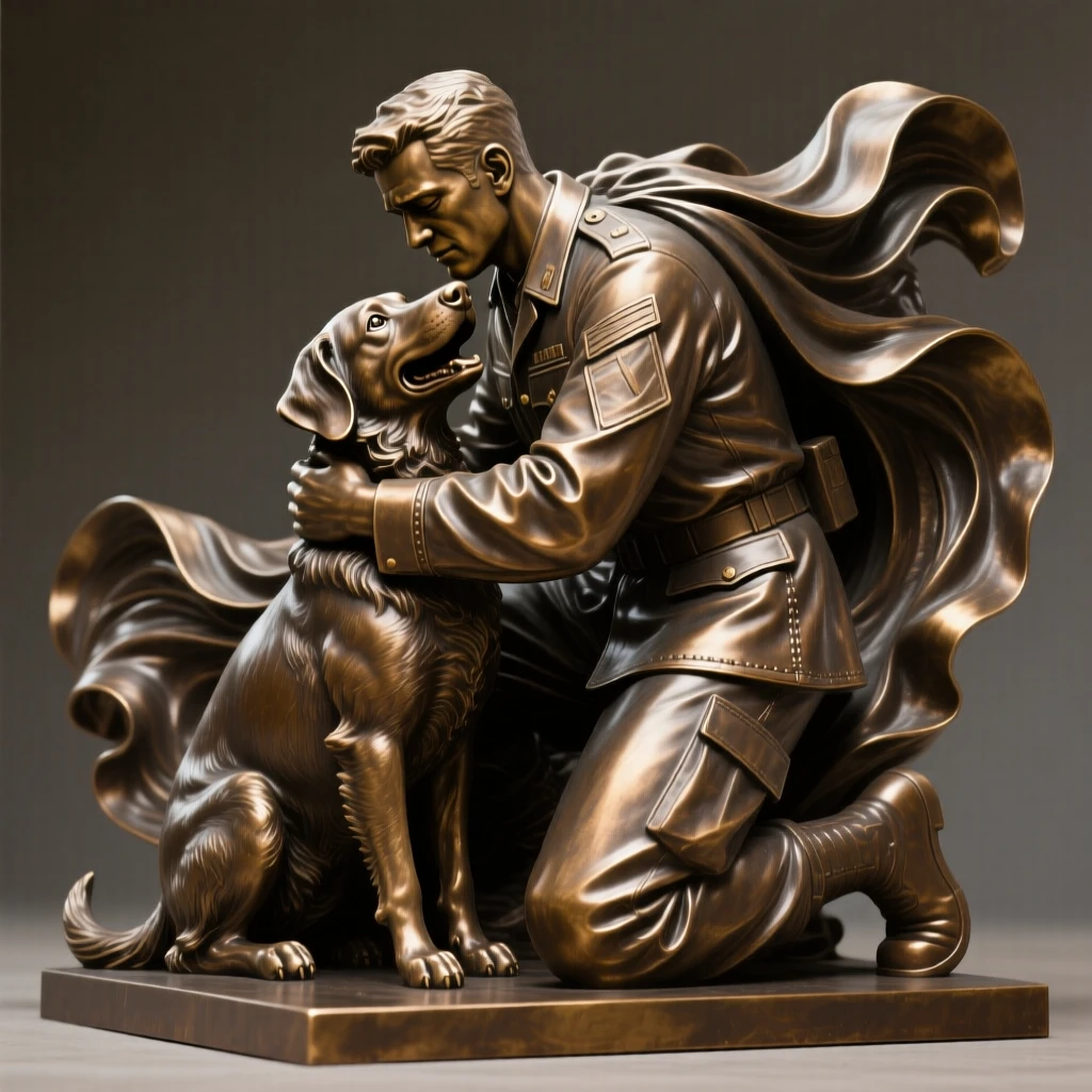 A soldier and his loyal dog reunited after deployment, with intricate, flowing drapery, forming a strong central focal point