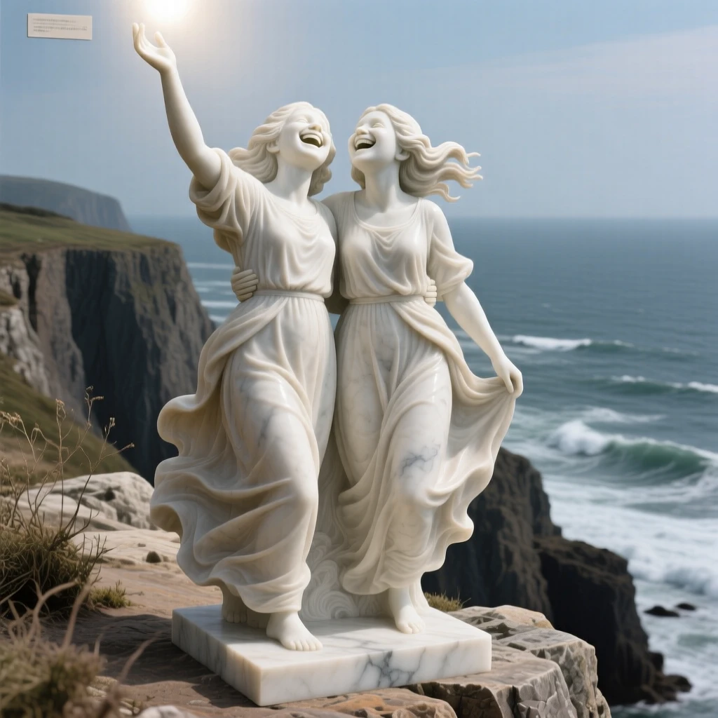 A tender portrait of twin sisters laughing together, reaching upward toward the light, on a windswept cliff overlooking the sea, evoking warmth and humanity
