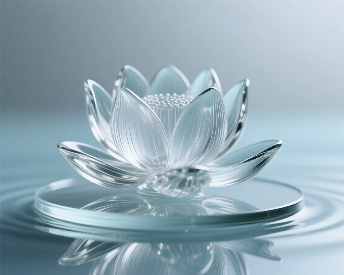 A macro close-up of a lotus flower floating on still water, every delicate detail in sharp focus, muted background, conveying delicate beauty and serenity.