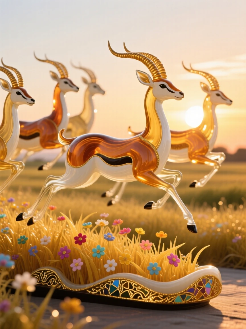 A herd of antelope leaping gracefully over golden grass at sunrise, elegant and swift.