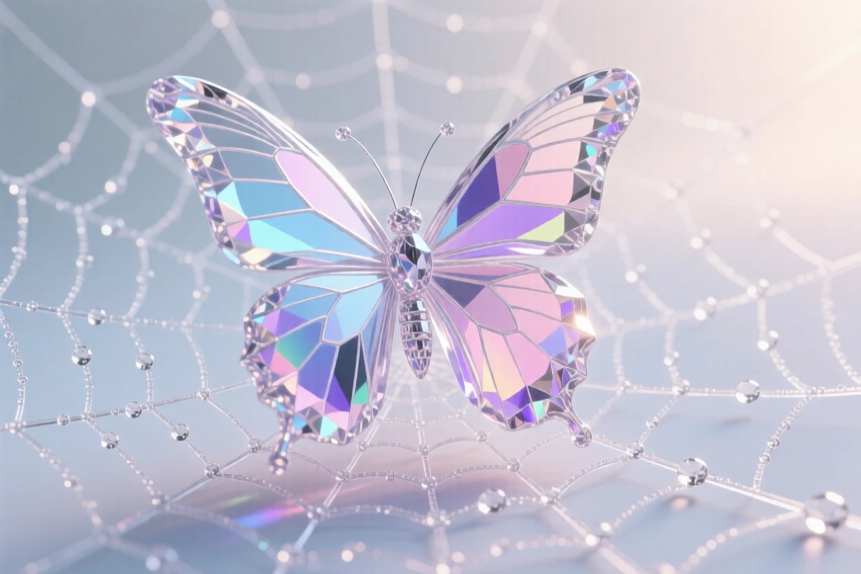 A butterfly with translucent wings resting on a dew-covered spider web at dawn.