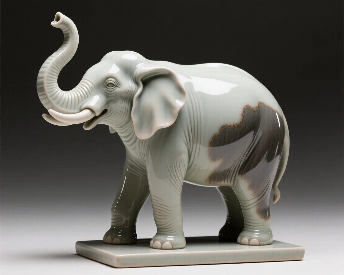 An ornamental elephant with an upraised trunk for luck displayed as a refined centerpiece, catching soft light along smooth curved surfaces, conveying calm, tasteful sophistication.