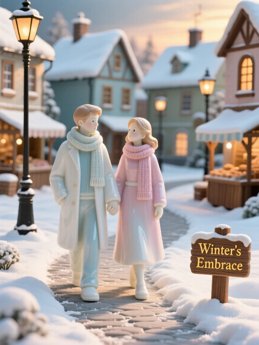 A tender scene of a young couple walking hand in hand along a path in a snowy village square, the scene bathed in golden late-afternoon light.