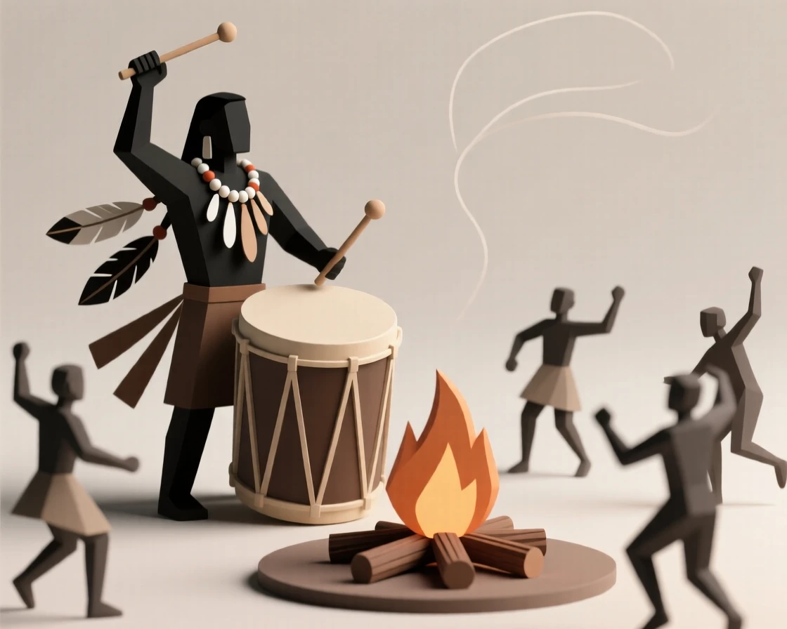 A proud Native drummer beats a large ceremonial drum, feathers and beads swaying as dancers circle a fire.