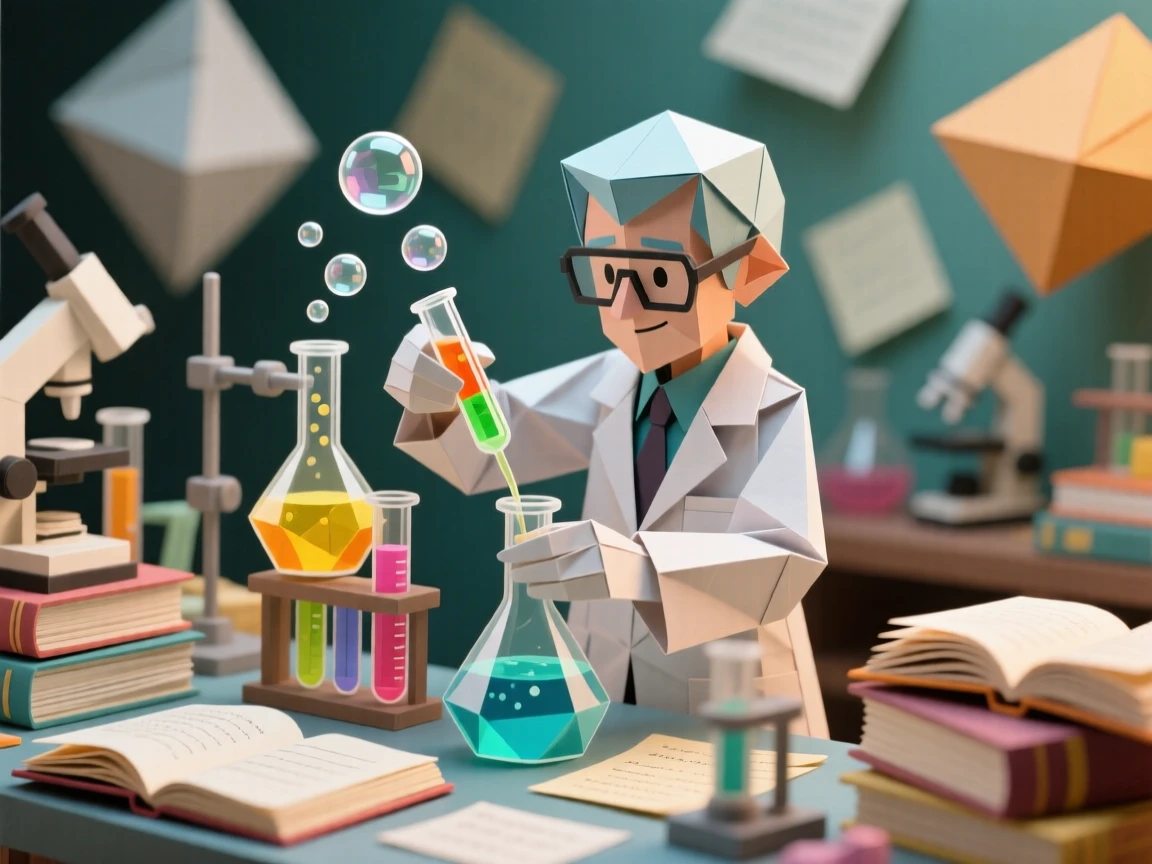 A scientist character mixing bubbling, colorful potions in a cluttered laboratory.