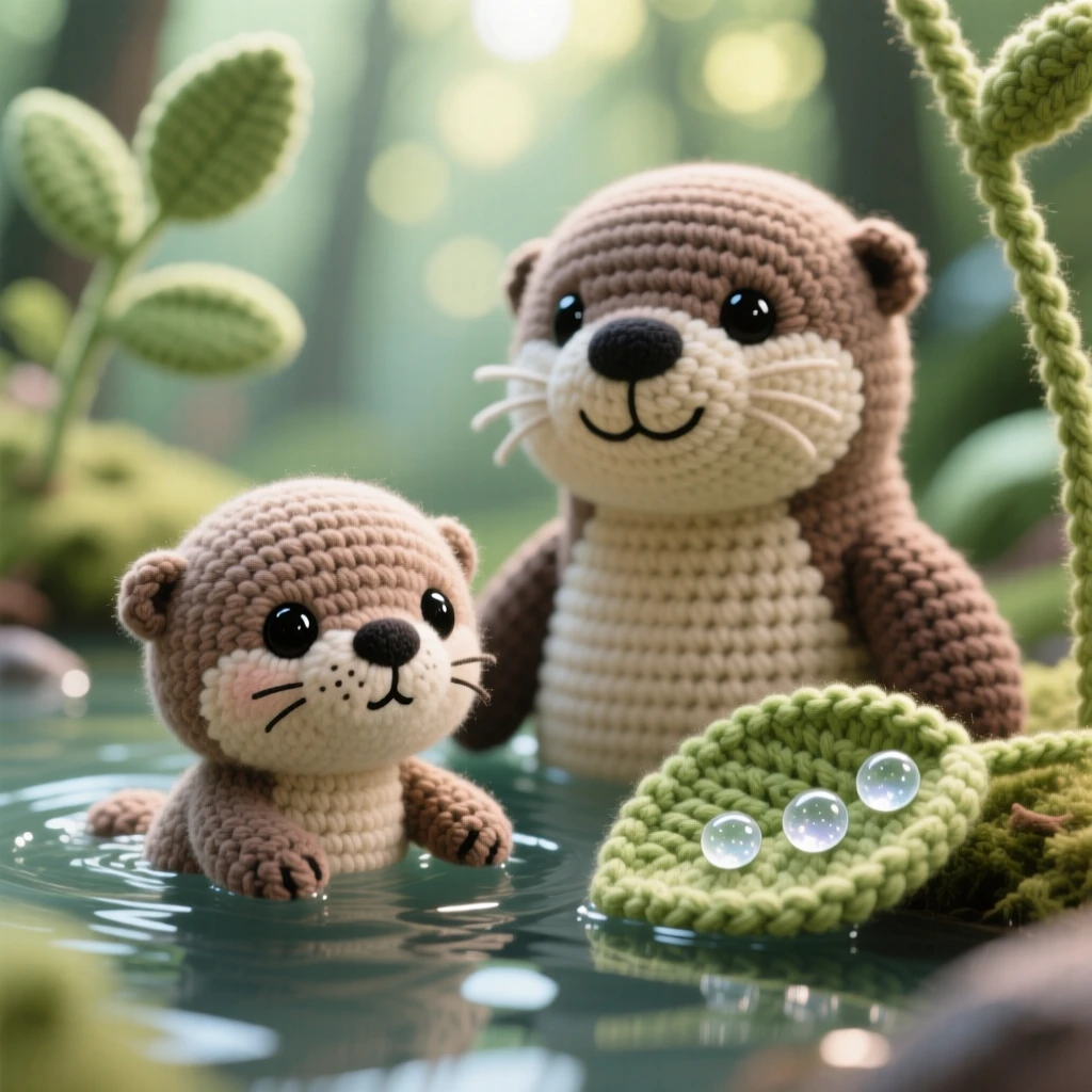 a small baby otter pup learning to swim with a slightly nervous expression is shown paddling with a parent close beside it within a cozy woodland clearing dappled with soft light, accompanied by a cluster of dewdrops on a nearby leaf, capturing wide-eyed wonder at the world around it.