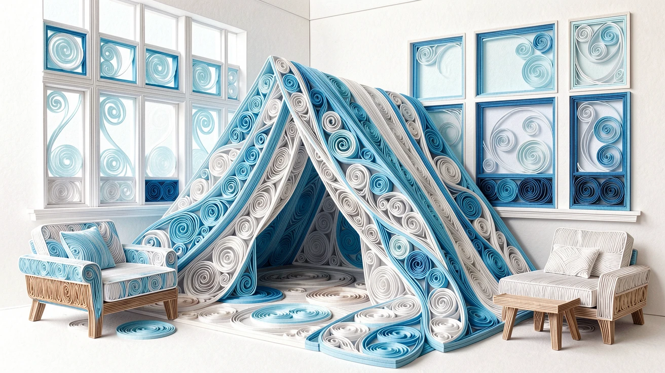 A relaxed modern lifestyle scene of a cozy blanket fort built in a living room in a modern loft with large windows, in bright, clean tones of blue and white, arranged with a relaxed, candid, lifestyle feel.