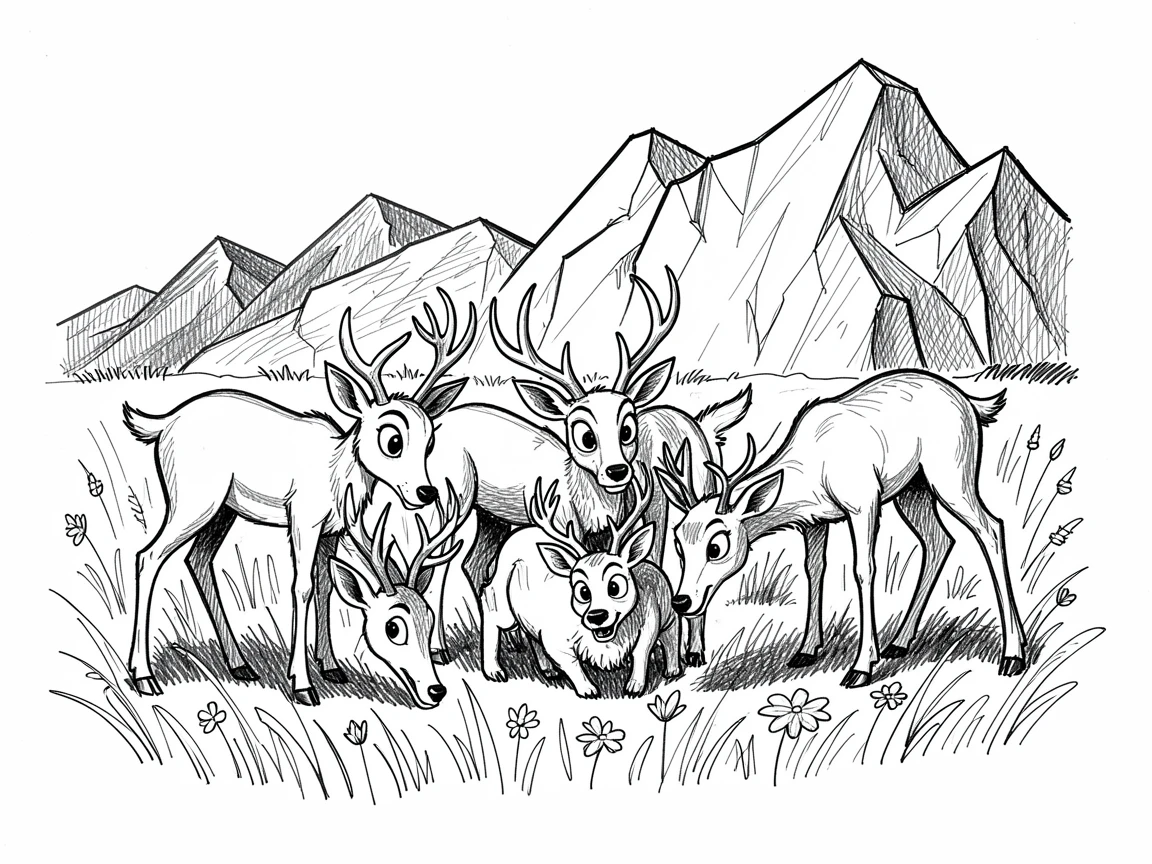 A family of deer in a meadow beside an icy glacier.