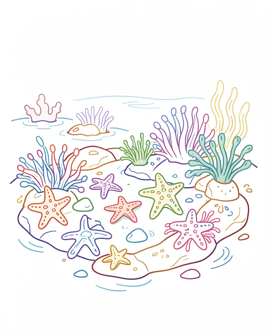 A tide pool ecosystem revealed at low tide, filled with starfish and anemones.