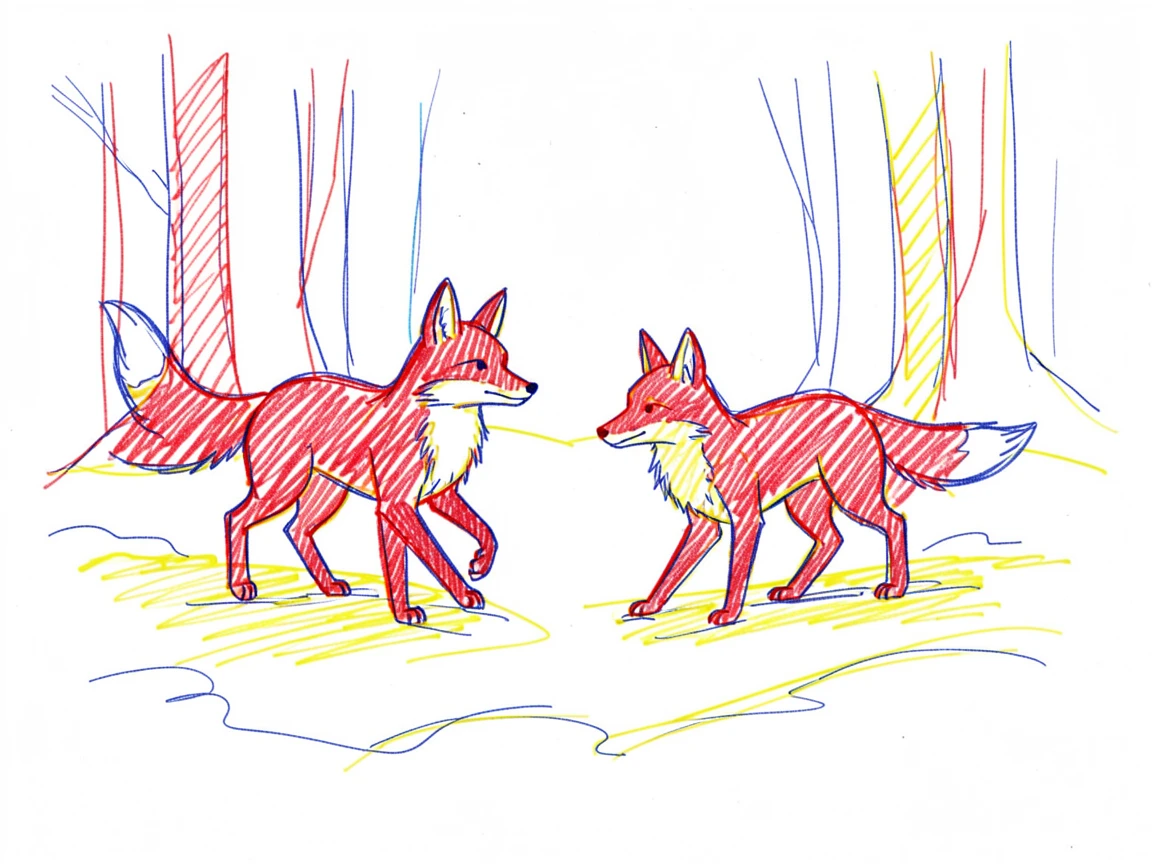 A pair of red foxes playing in a snow-covered forest clearing