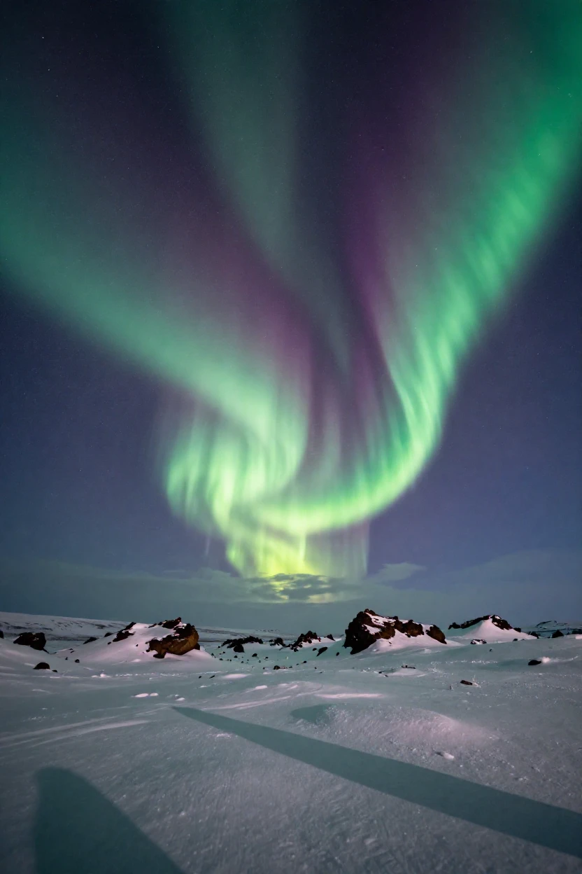 The Northern Lights dancing over a snowy Icelandic field